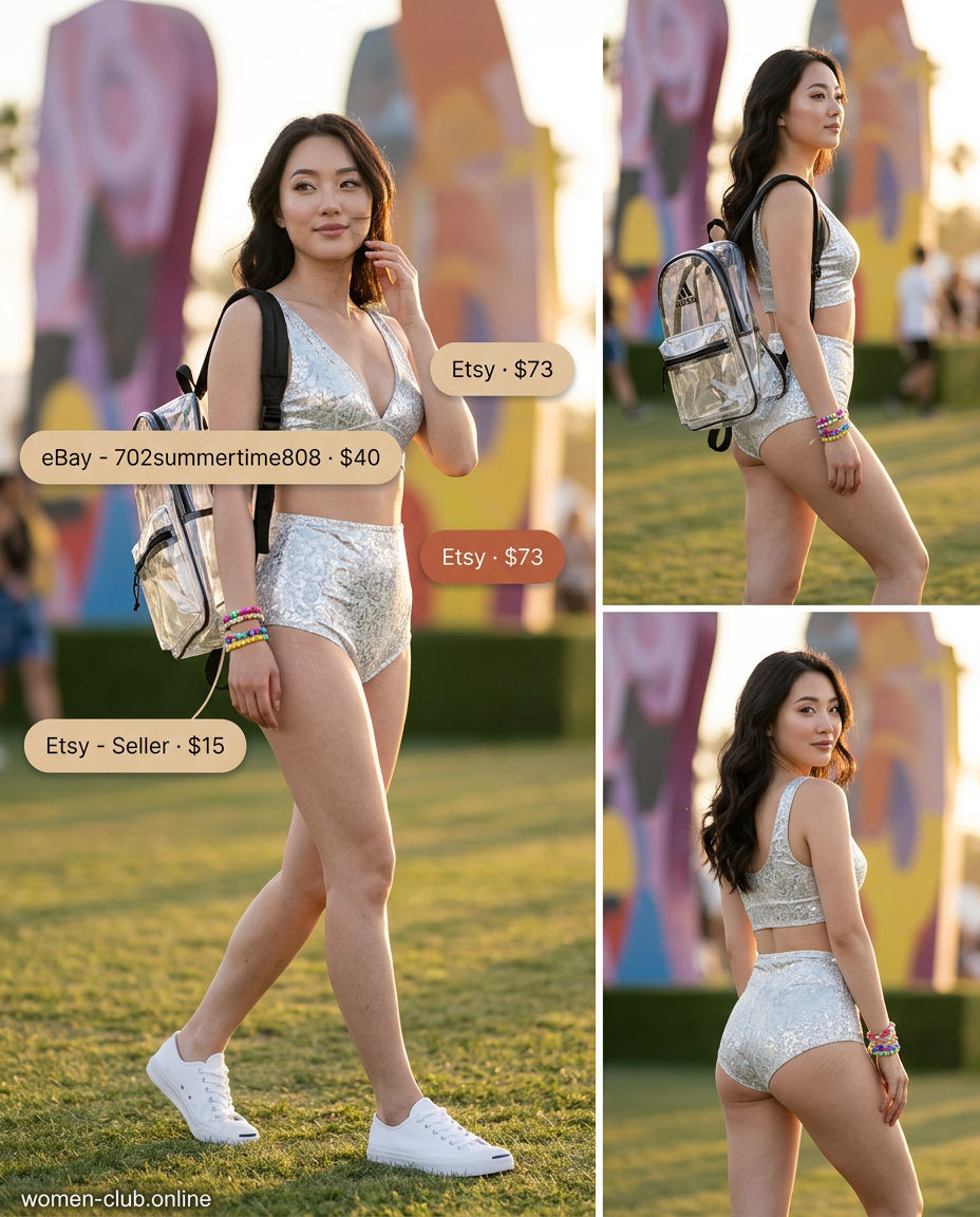 Sequin summer rave outfit for women 2026: Silver sequin matching set with white sneakers for a fun festival look.