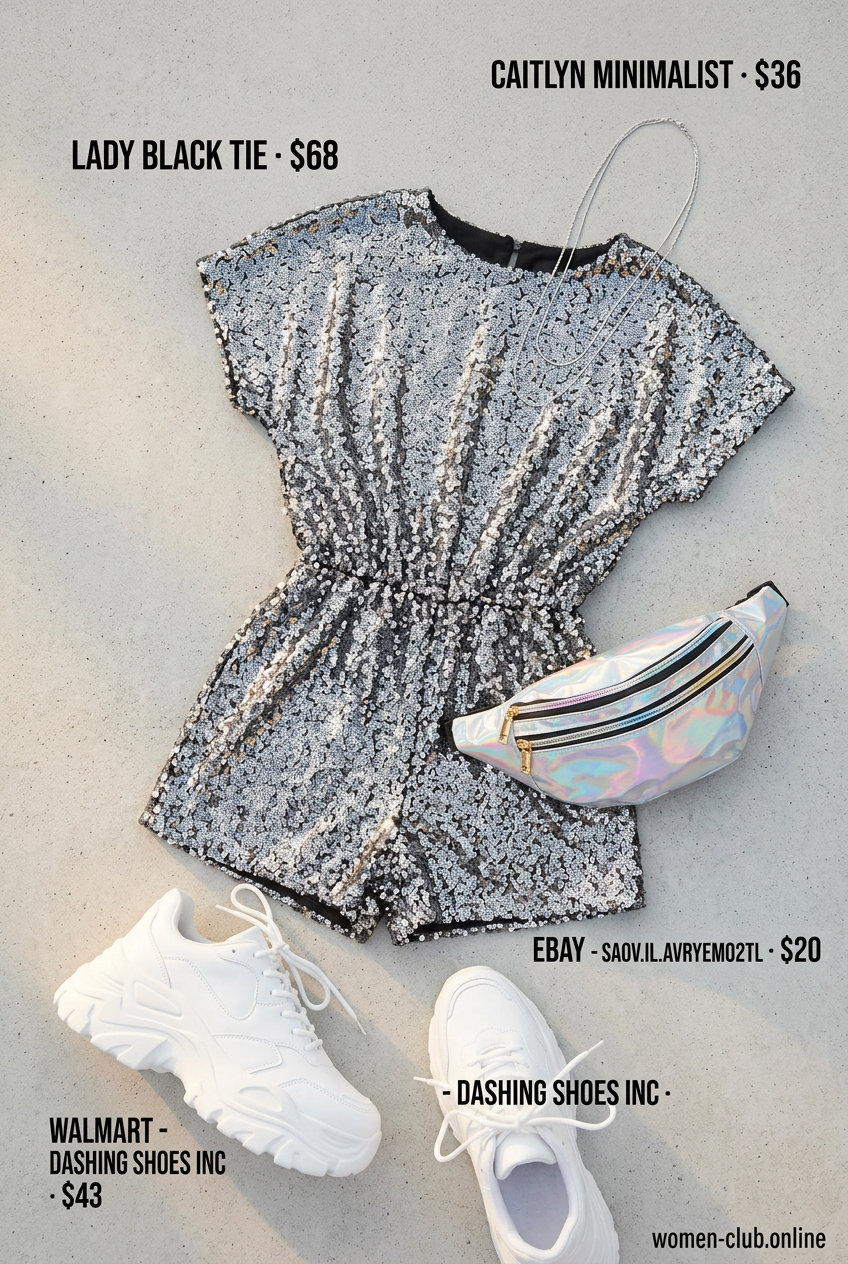 Sequin summer rave outfit for women 2026: Silver sequin romper with chunky sneakers for a playful festival look.