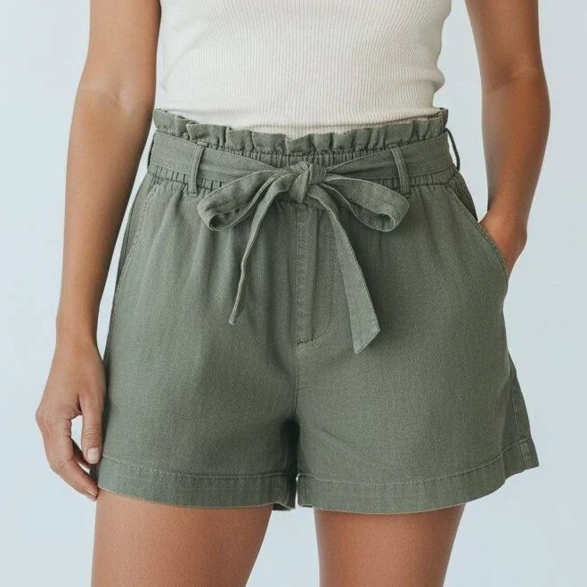 Olive Green Linen Blend Paperbag Waist Shorts With Tie Belt