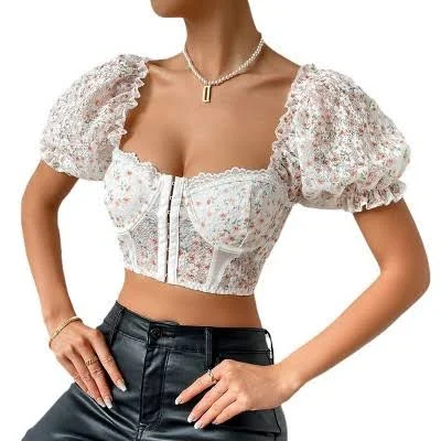 Coolmee Women's Off Shoulder Puff Short Sleeve Crop Top