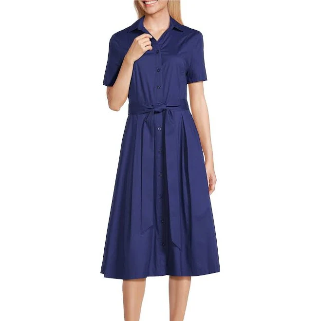 Poplin Short Sleeve Button Front Tie Belt Midi Dress