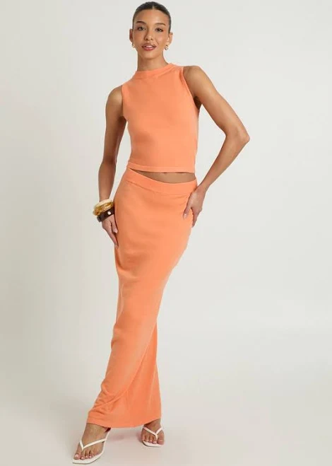 Boohoo Women's Rib Knit High Neck Top & Maxi Skirt Co-Ord