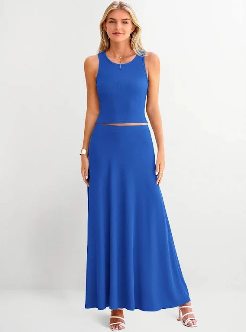 PRETTYGARDEN 2 Piece Maxi Skirt Sets Casual Knit Cropped Tank Top High Waisted Long Skirts Outfit - Blue / S