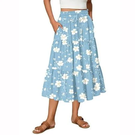 Women's Floral Print Tiered Maxi Skirt with Elastic Waist and Drawstring Pockets