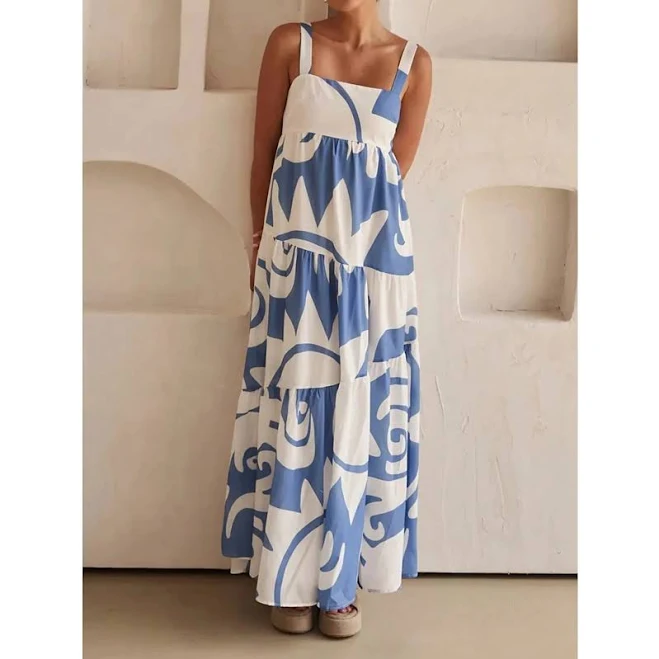 Blue and White Abstract Print Flowy Maxi Slip Dress with Tiered Skirt