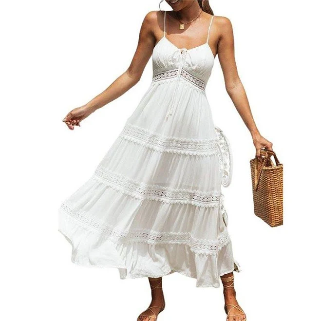 Women's Spaghetti Strap Lace Tiered Maxi Dress