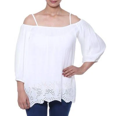 Off-The-Shoulder Rayon Blouse with Eyelet Hem