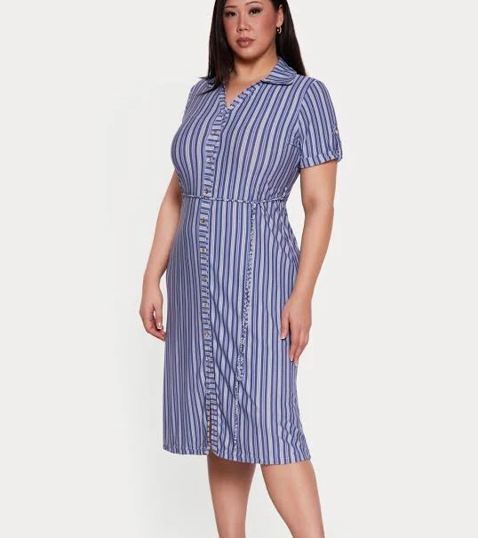 Women's Plus Size Striped Midi Shirt Dress with Tie Waist Belt