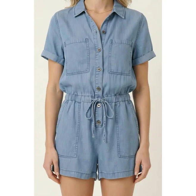 Modenaire Women's Utility Button-Up Denim Romper with Pockets and Drawstring
