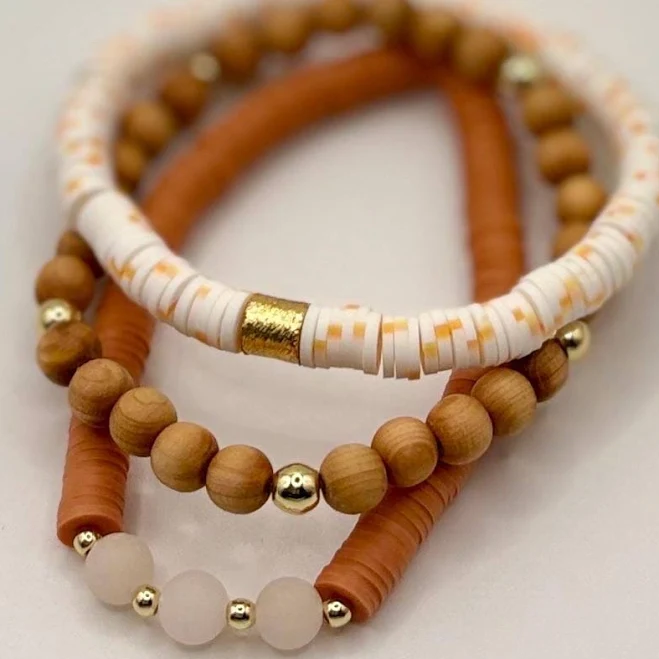 Earthy Neutral Wood & Heishi Beaded Bracelet Stack