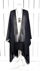 Black solid sheer chiffon kimono cover up