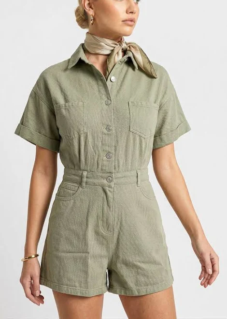 Knit & Lounge Women's Short Sleeve Utility Romper with Button Front and Patch Pockets