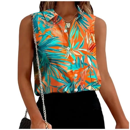 Avrnliq Women's Sleeveless Tropical Palm Leaf Print Blouse