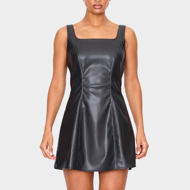 PrettyLittleThing Women's Faux Leather Square Neck Mini Dress in Black | Size: 0