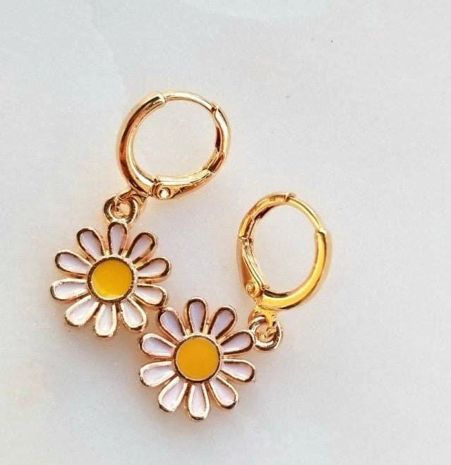 18K Gold Plated Daisy Charm Huggie Hoops