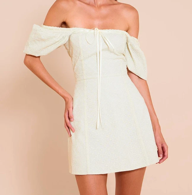 PrettyLittleThing Women's Broderie Puff Sleeve A-line Mini Dress in Cream | Size: 12