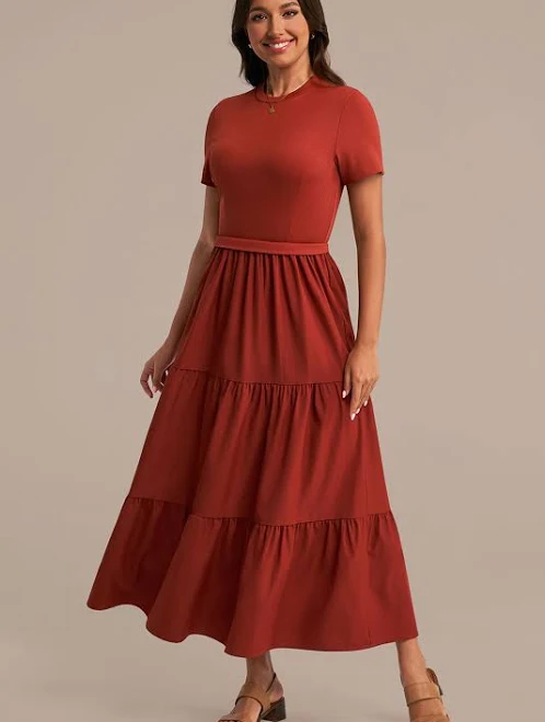 Round Neck Short Sleeve Tiered Maxi Dress