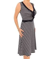 New Sleeveless Navy Blue and White Striped Fit & Flare Dress