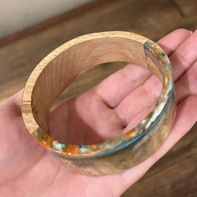 Teal/orange/white Resin And Wood Bangle Bracelet