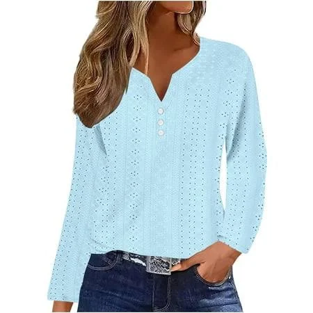 Women's Long Sleeve V-Neck Eyelet Tunic
