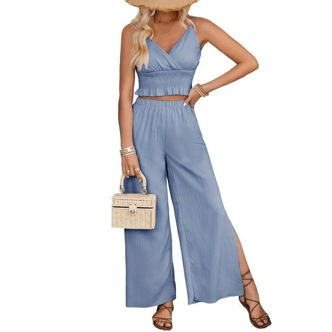 Women's 2 Piece Set Casual Sleeveless Top Smocke Waist Wide Leg Pants with Side Slit for Vacation, Size: XXL, Blue Grey