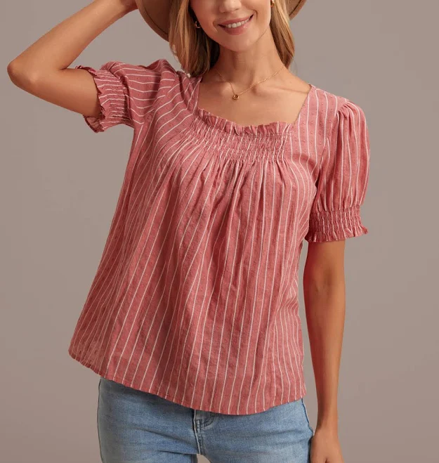 Rust Stripe Square Neck Short Sleeve Smocked Blouse