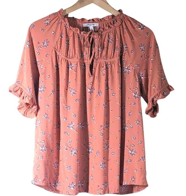 Madewell Womens Peasant Blouse Burnt Orange Tie Neck Floral Relaxed