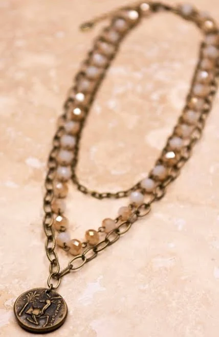 Bambi Beaded Bronze Coin Pendant Necklace