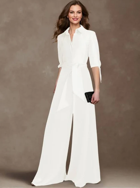 Missacc Classy Tie-Front V-Neck Crepe Satin Mother of the Bride Dress