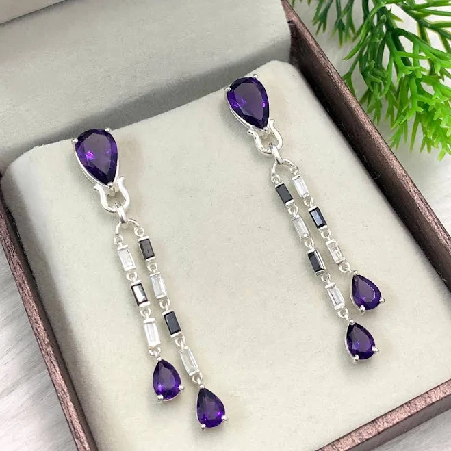 Solid Silver Amethyst Long Dangle Earrings