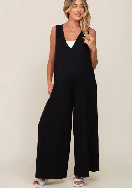 Pinkblush Black Deep V Sleeveless Wide Leg Maternity Jumpsuit