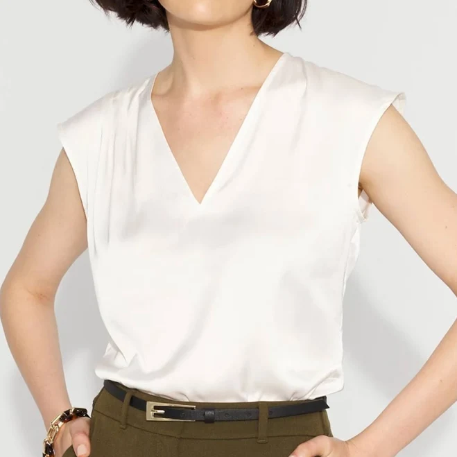 White House Black Market Women's Satin V-Neck Shell