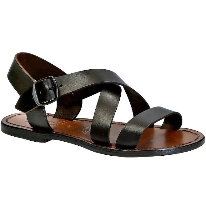 Dark Brown Leather Flat Ankle Strap Sandals Shoes For Women Handmade