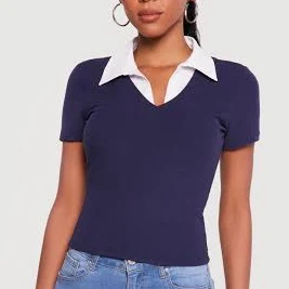 Women's Layered Look Ribbed Knit Polo Top