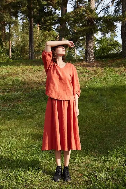 lglinen Organic Linen Matching Set Astra: Terracotta Blouse & Midi Skirt