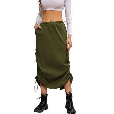 Coolmee Women's Ruched Vintage Slit Cargo Maxi Skirt with Pockets