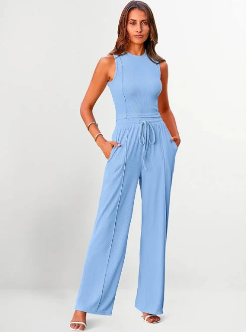 Prettygarden Women's 2 Piece Cropped Tank Top and Wide Leg Sweatpants Set