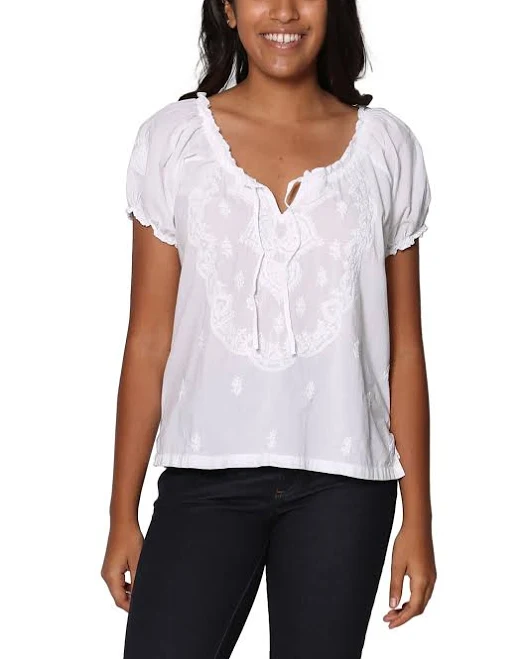 La Cera Embroidered Short Sleeve Peasant Top