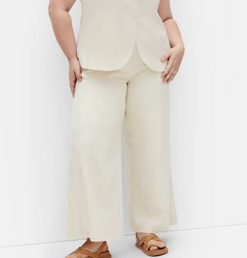 Plus size high-waisted wide-leg linen blend pants with elasticated back waist