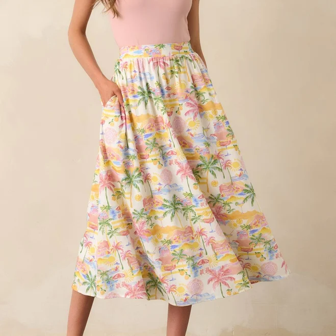 Seaside Bliss Women's Tropical Print Linen Maxi Skirt