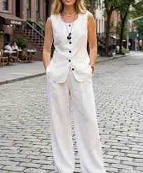Women Linen Two Piece Outfit | Elegant Ivory Linen Waistcoat & Trouser Set | Button Up Vest and Wide Leg Pants | Minimalist Summer Suit