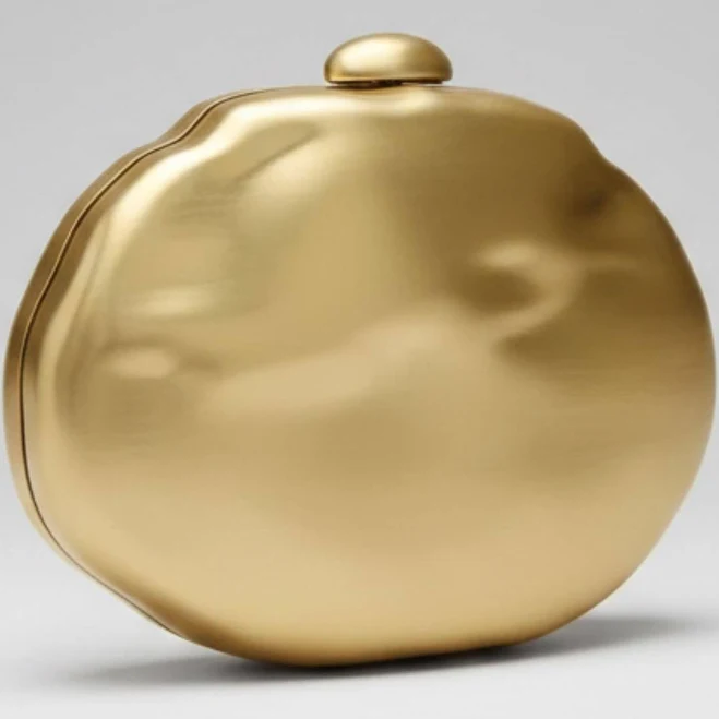 Gold Metal Clutch Bag | Sculptural Evening Purse with Chain