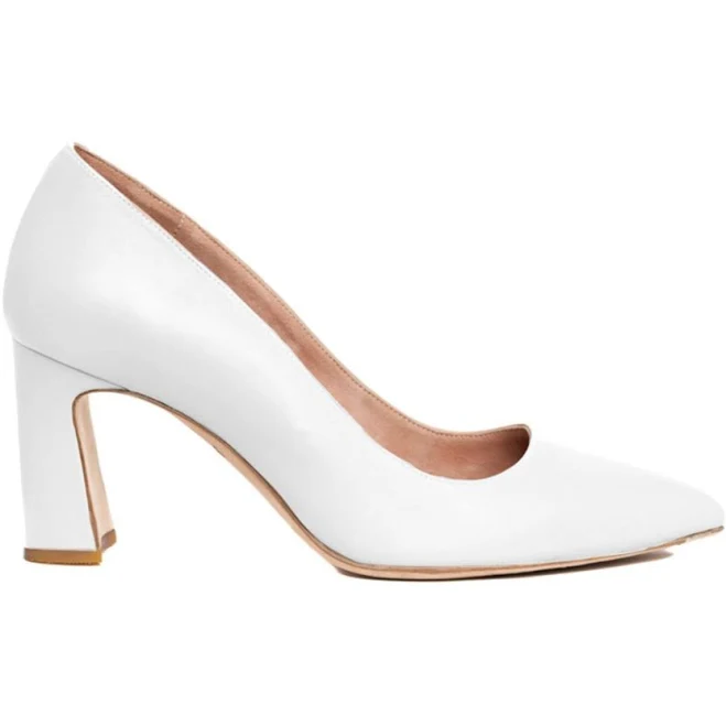 Classic White Leather Block Heel Pump