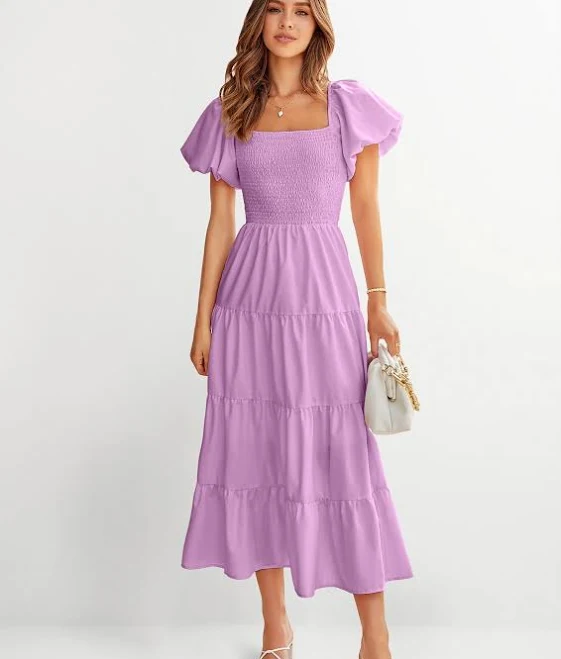 Prettygarden Women's Puffy Short Sleeve Square Neck Smocked Tiered Ruffle Dress