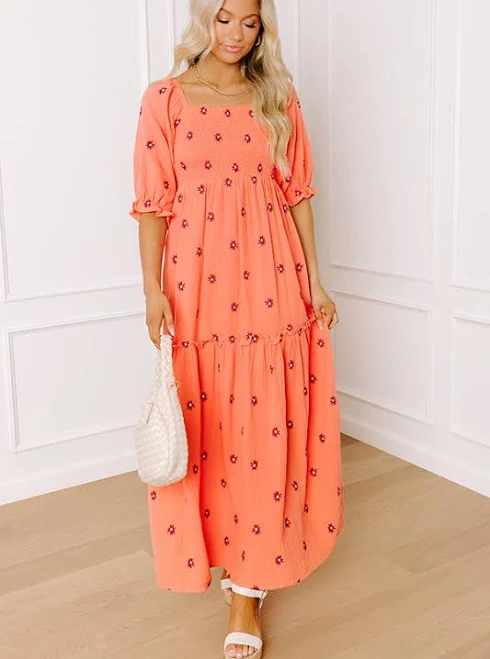 Vineyard Lounge Floral Embroidered Midi Dress