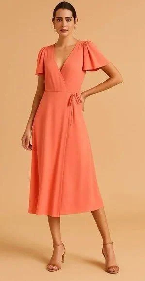 Abercrombie & Fitch New Abercrombie Fitch Angel Coral Flutterβ Sleeve Wrap Midi Dress Small Party | Sz: S | Color: orange