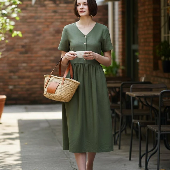 Linen Dress Women Short Sleeves Jasmine V Neck Button Front Linen Dress