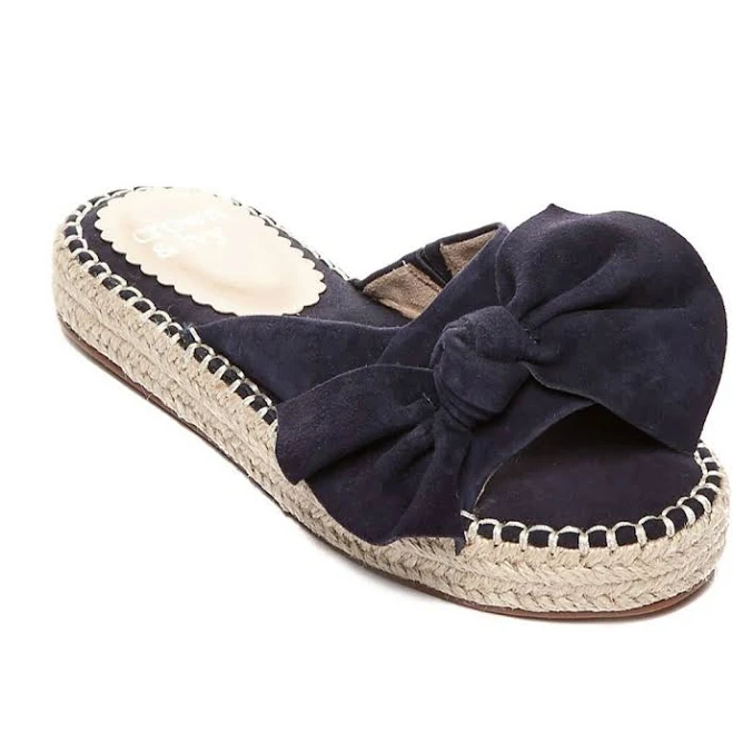 Navy Blue Leather Slip On Espadrille With Bow Slide Flat Sandals Size