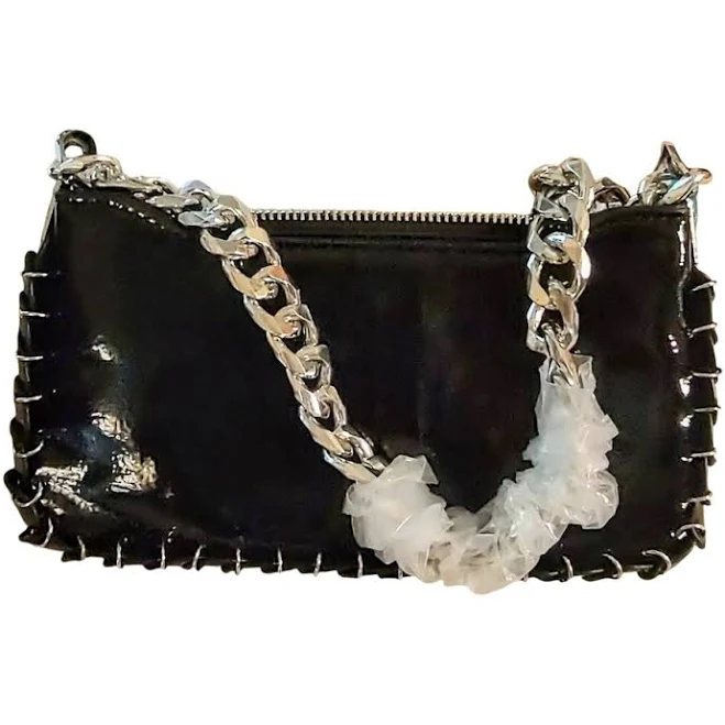 Black Faux Patent Leather Mini Shoulder Bag W Silver Metal Detail & Chain Strap - Women | Color: Black/Silver | Size: m