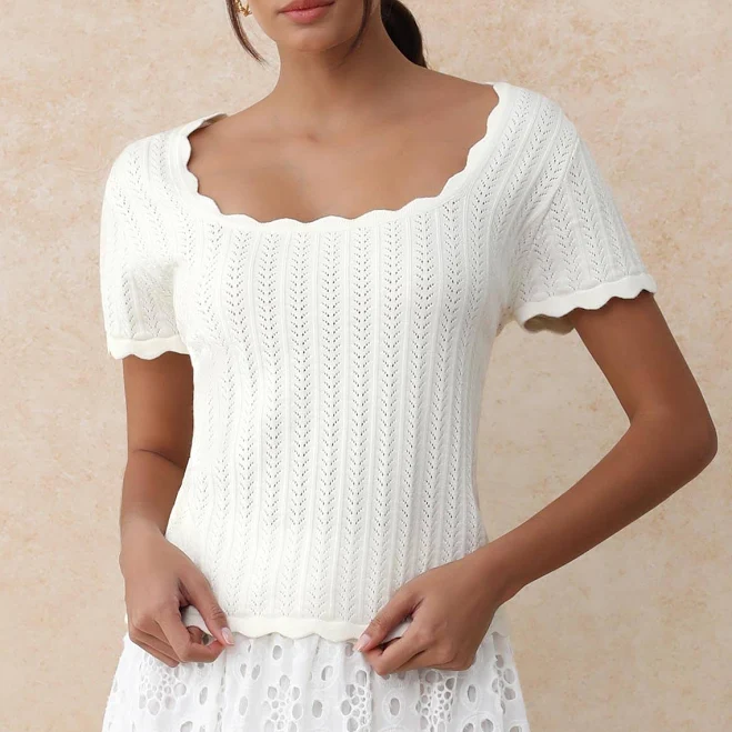 Scalloped Edge Pointelle Knit Top